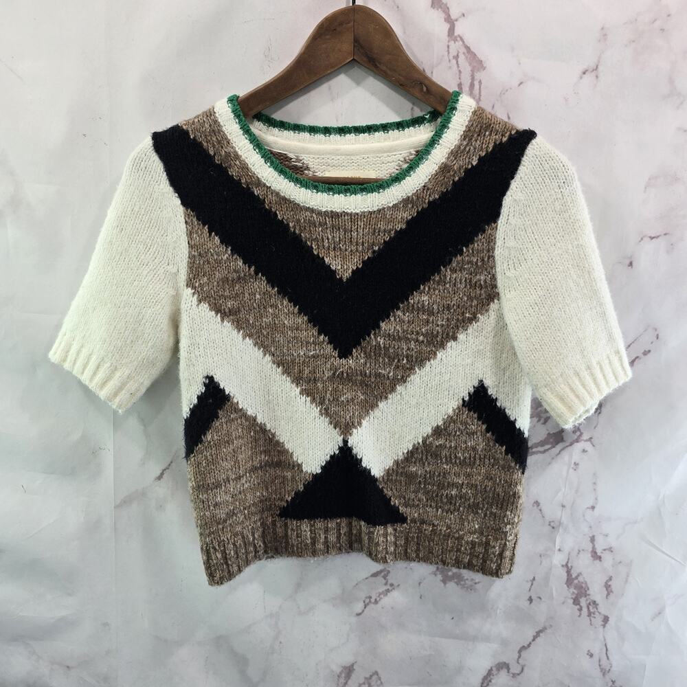 Anthropologie Sweater Womens XS Brown Green Wool Tee Shrunken Chevron Geo Maeve